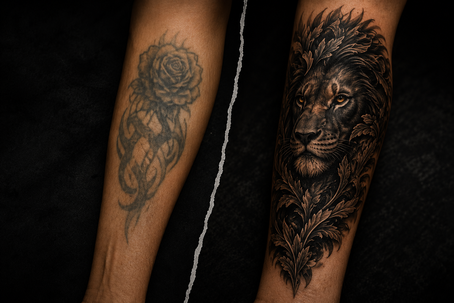 Detailed black and grey lion portrait completely covering an old tribal tattoo.