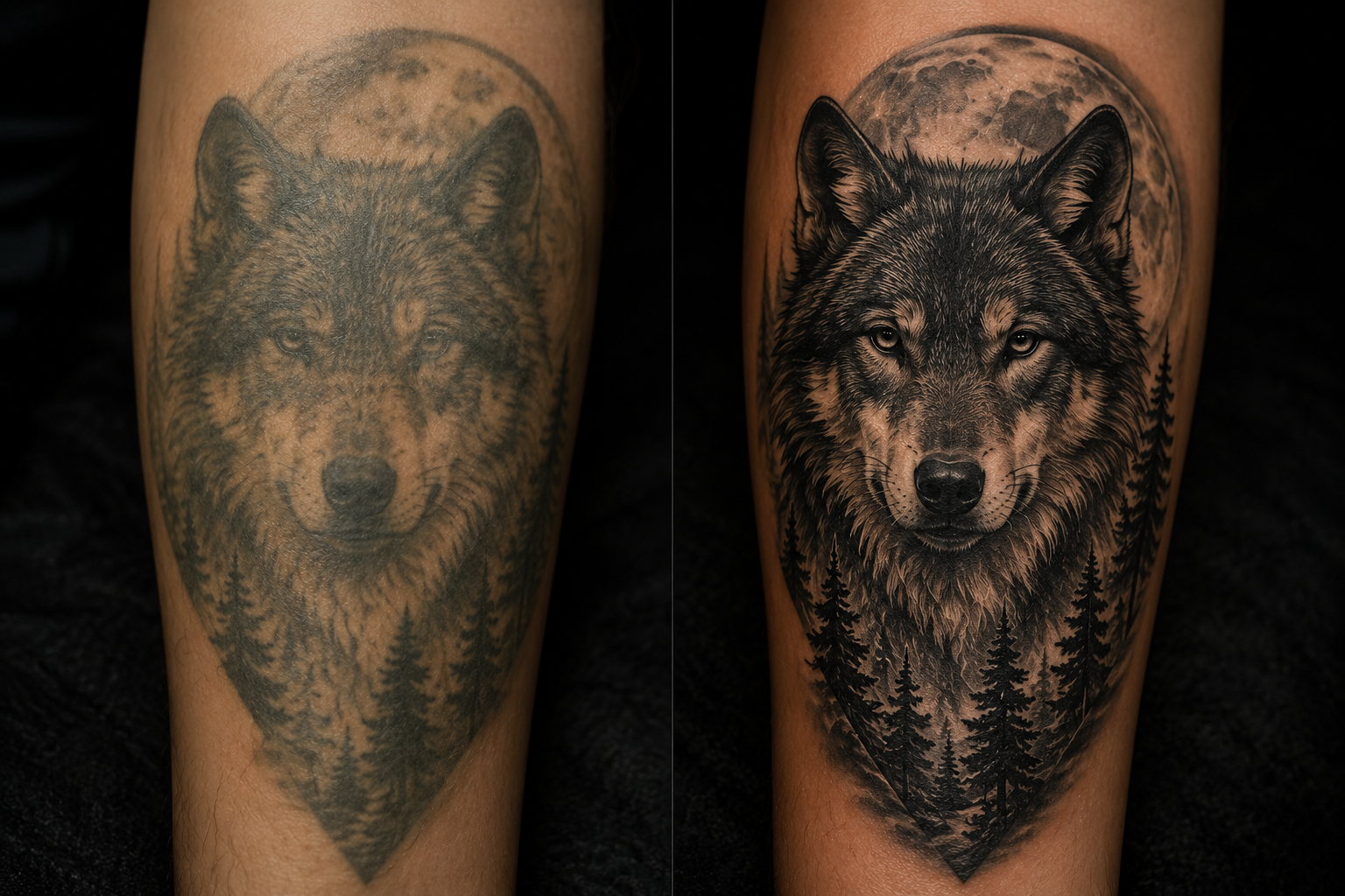 A faded wolf and forest tattoo after reshading and line rework.