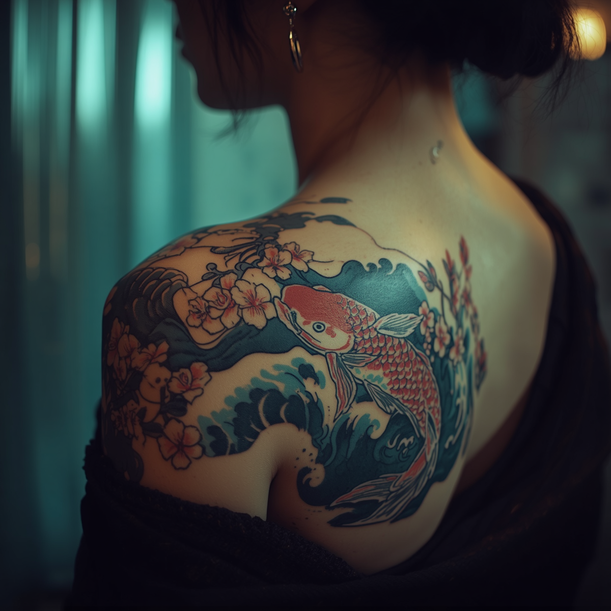 A vibrant Japanese koi swimming among cherry blossoms across the shoulder and upper back.