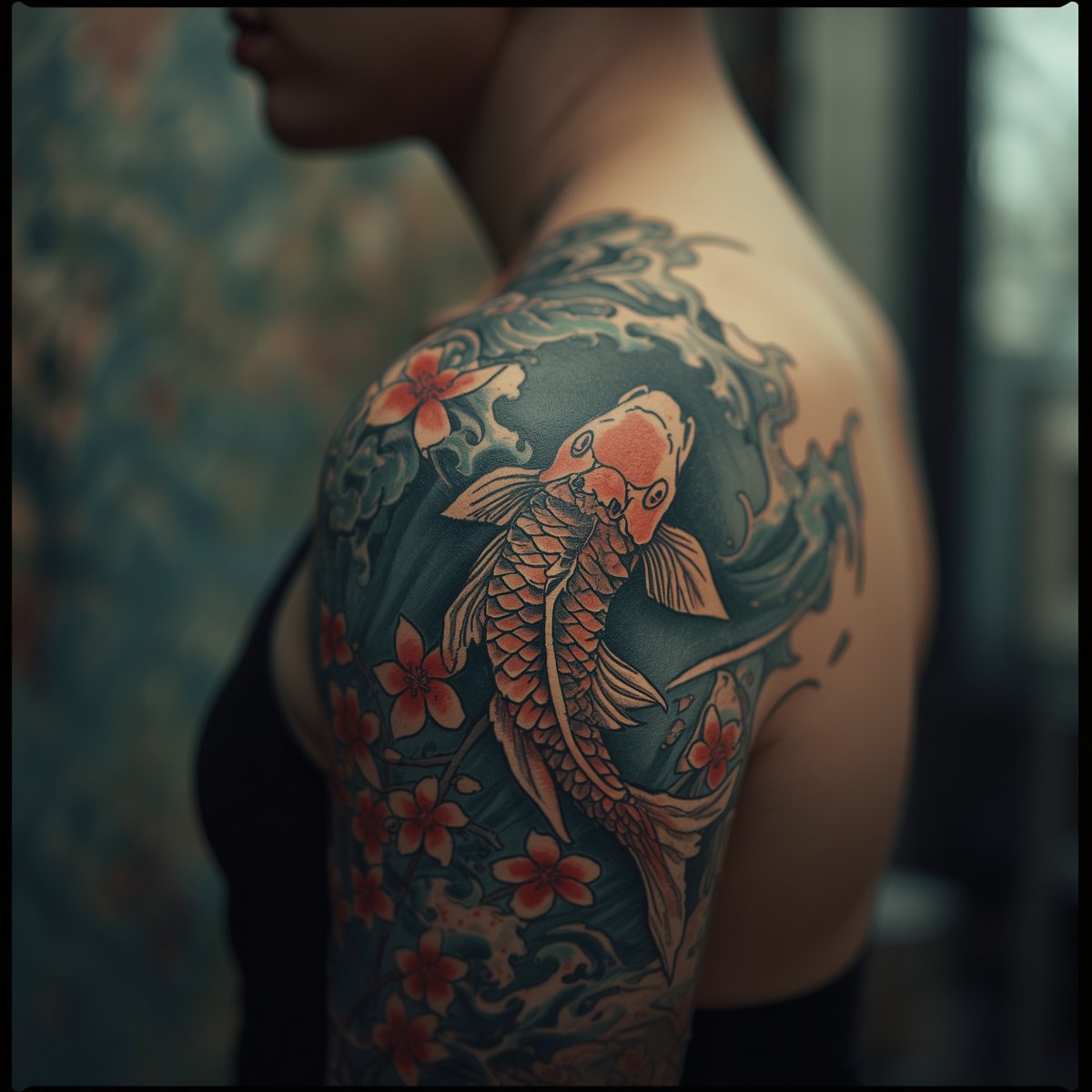 A Japanese koi fish navigating crashing ocean waves on a client's outer upper arm.